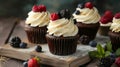 Chocolate cupcakes with cream cheese frosting and fresh berries Royalty Free Stock Photo
