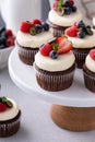 Chocolate cupcakes with cream cheese frosting and fresh berries Royalty Free Stock Photo