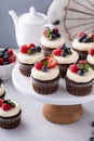 Chocolate cupcakes with cream cheese frosting and fresh berries Royalty Free Stock Photo