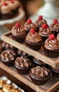 chocolate cupcakes and chocolate desserts on wooden trays