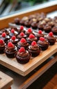 chocolate cupcakes and chocolate desserts on wooden trays