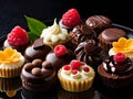 Chocolate cupcakes with raspberries and chocolate cream on black background. sweets and desserts illustration