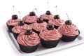 Chocolate cupcakes, with red frosting and a cherry