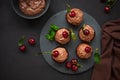 Chocolate cupcakes with ripe red cherries on dark wooden background. Selective focus. Unhealthy food. Top view. Flat lay Royalty Free Stock Photo