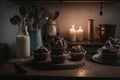 Chocolate Cupcakes in a rustic kitchen. Illustration AI Generative Royalty Free Stock Photo