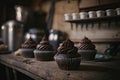 Chocolate Cupcakes in a rustic kitchen. Illustration AI Generative Royalty Free Stock Photo
