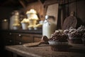 Chocolate Cupcakes in a rustic kitchen. Illustration AI Generative Royalty Free Stock Photo