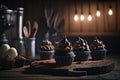 Chocolate Cupcakes in a rustic kitchen. Illustration AI Generative Royalty Free Stock Photo
