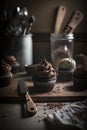 Chocolate Cupcakes in a rustic kitchen. Illustration AI Generative Royalty Free Stock Photo