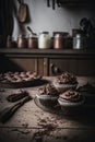 Chocolate Cupcakes in a rustic kitchen. Illustration AI Generative Royalty Free Stock Photo