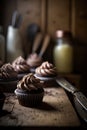 Chocolate Cupcakes in a rustic kitchen. Illustration AI Generative Royalty Free Stock Photo