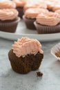 Chocolate cupcakes with strawberry buttercream, selective focus