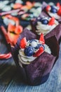 Chocolate cupcakes with white cream and berries on the top Royalty Free Stock Photo