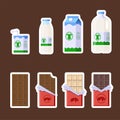 Chocolate and Dairy Products Stickers Set. Flat Style. Collection of Candy Bars and Milk in different package icons for Royalty Free Stock Photo