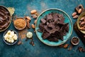 Chocolate. Dark bitter chocolate chunks, cacao butter, cocoa powder and cocoa beans. Chocolate background Royalty Free Stock Photo