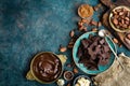 Chocolate. Dark bitter chocolate chunks, cacao butter, cocoa powder and cocoa beans. Chocolate background Royalty Free Stock Photo