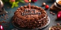 chocolate decorated cake on the table with candles and congratulations happy birthday, banner