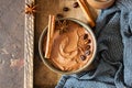 Chocolate dessert with coffee and spices in a wooden tray. Rustic style. Spicy chocolate and coffee mousse Royalty Free Stock Photo