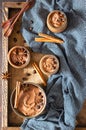 Chocolate dessert with coffee and spices in a wooden tray, selective focus. Spicy chocolate and coffee mousse Royalty Free Stock Photo