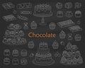 Chocolate dessert collection, with chocolate cakes, chocolate bars, sweet candies and cupcakes, Vector illustration. Royalty Free Stock Photo