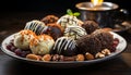 Chocolate dessert, gourmet sweet food, candy indulgence on wood table generated by AI Royalty Free Stock Photo