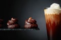 Chocolate dessert with hazelnut and coffee with cream on a black background Royalty Free Stock Photo