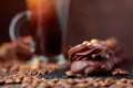 Chocolate dessert with hazelnut and coffee with cream on a wood Royalty Free Stock Photo