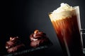 Chocolate dessert with hazelnut and coffee with whipped cream on a black background Royalty Free Stock Photo