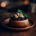 Chocolate dessert with ice cream, nuts, and mint in a wooden bowl, delicious gourmet sundae, generative ai Royalty Free Stock Photo