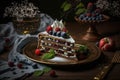 chocolate dessert napoleon cake with cream and berries on plate