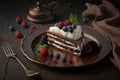 chocolate dessert napoleon cake with cream and berries on plate