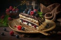 chocolate dessert napoleon cake with cream and berries on plate
