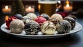 Chocolate dessert on ornate plate, Christmas decoration generated by AI