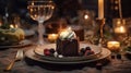 chocolate dessert presented on a beautifully styled table, AI Generated