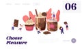Chocolate Dessert Production Website Landing Page. Tiny Characters among Huge Choco Dishes Pastry Paste Cupcake Royalty Free Stock Photo
