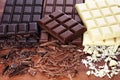 Chocolate in diffrent color. milk, dark and white chocolate bars on table Royalty Free Stock Photo