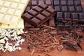 Chocolate in diffrent color. milk, dark and white chocolate bars on table