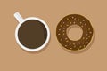 Chocolate donut on brown background with cup of coffee with shadow tasty breakfast cafe dessert. Flat design EPS 10