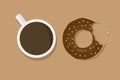 Chocolate donut on brown background mouth bite with cup of coffee with shadow tasty breakfast cafe dessert. Flat design