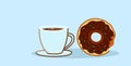 Chocolate donut with coffee cup sweet freshly baked cookie dessert lunch break concept sketch horizontal