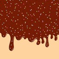 Chocolate Donut Glaze Background. Liquid Sweet Flow, Tasty Dessert Topping With Colorful Sprinkles. Ice Cream Drips. Vector Illust