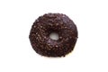 Chocolate donut isolated on white background, top view. Appetizing donut