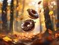 chocolate donuts and autumn leaves