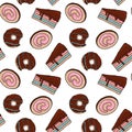 Chocolate donuts and cakes seamless repeat pattern.