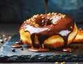 Chocolate doughnut with nuts on black slate