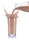 Chocolate drink milk pouring pour splash splashing glass bottle isolated on white Royalty Free Stock Photo