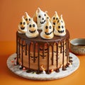 Chocolate Drip Cake Decorated with Meringue Ghosts for Halloween Celebration, Close Up Royalty Free Stock Photo
