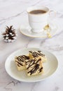 Chocolate drizzled shortbread with tea Royalty Free Stock Photo