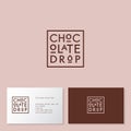 Chocolate drop logo. Cakes and desserts cafe. Brown letters on a foursquare badge.