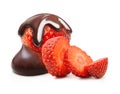 Chocolate drop on red berry strawberry Royalty Free Stock Photo
